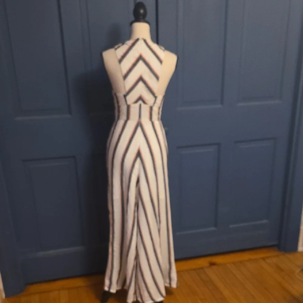 L'ATISTE White Maxi Dress Gray Pink Stripe Deep Plunge Halter Neck Pockets Small - Picture 3 of 8
